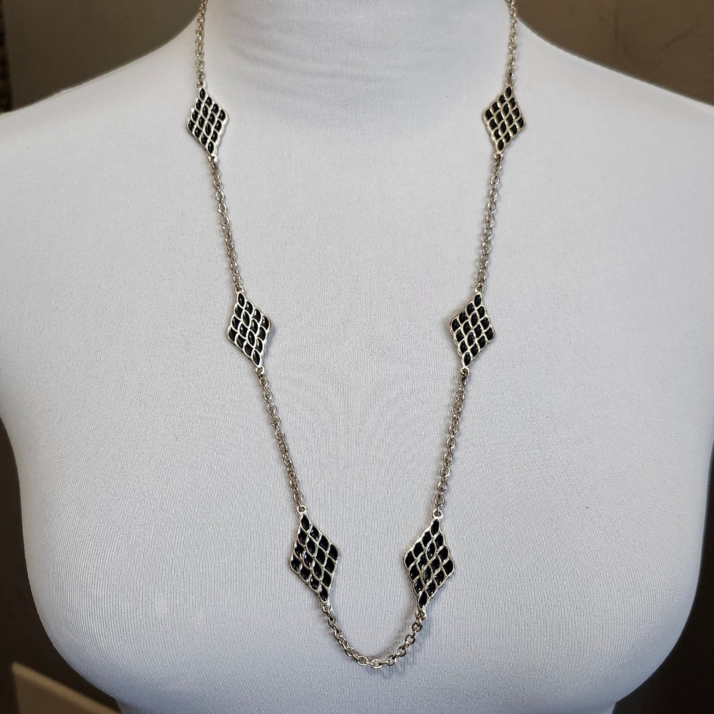 Liz & Co Long Station‎ Necklace Silver Tone Black Diamond Shape Pendants